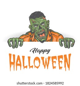 Happy Halloween vintage concept with scary zombie and inscription on white background isolated vector illustration