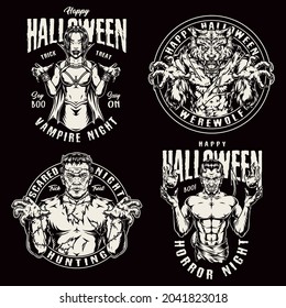 Happy Halloween vintage designs with creepy and evil characters in monochrome style isolated vector illustration