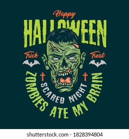 Happy Halloween vintage emblem with letterings and scary zombie head isolated vector illustration