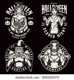 Happy Halloween vintage emblems in monochrome style with scary evil female creatures and monsters isolated vector illustration