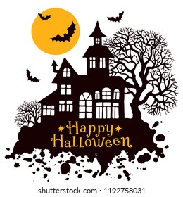 Happy Halloween vintage greeting card, vector illustration for design, invitation, bsnner, print. Silhouette of halloween house, full moon, trees and bats.