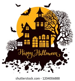 Happy Halloween vintage greeting card, vector illustration for design, invitation, bsnner, print. Silhouette of halloween house, full moon, trees and bats.