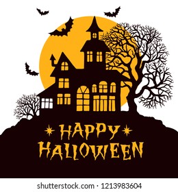 Happy Halloween vintage greeting card, vector illustration for design, invitation, bsnner, print. Silhouette of halloween house, full moon, trees and bats.