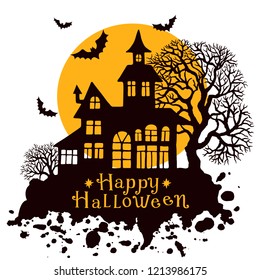 Happy Halloween vintage greeting card, vector illustration for design, invitation, bsnner, print. Silhouette of halloween house, full moon, trees and bats.