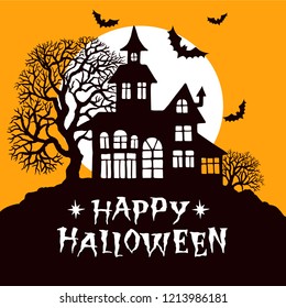 Happy Halloween vintage greeting card, vector illustration for design, invitation, bsnner, print. Silhouette of halloween house, full moon, trees and bats.