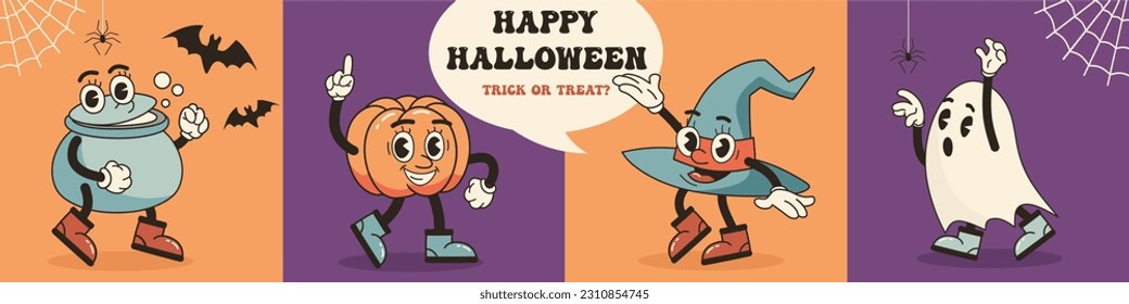 Feliz tarjeta de saludo de Halloween vintage con personajes de caricatura. Calabaza al estilo groovy, sombrero de bruja, caldero y fantasma. Fondo de Halloween retro estilo años 70. Espléndida ilustración vectorial plana