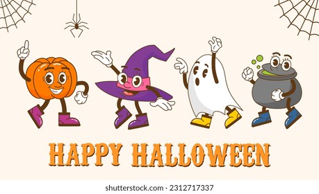 Happy Halloween vintage greeting card with cartoon characters. Groovy style pumpkin, witch hat, cauldron and ghost. Happy Halloween background. Spooky fall vector illustration