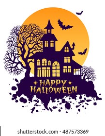 Happy Halloween vintage greeting card, vector illustration for design, invitation, banner, print. Silhouette of halloween house, full moon, trees and bats.