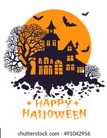 Happy Halloween vintage greeting card, vector illustration for design, invitation, banner, print. Silhouette of halloween house, full moon, trees and bats.