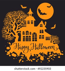 Happy Halloween vintage greeting card, vector illustration for design, invitation, banner, print. Silhouette of halloween house, full moon, trees and bats.