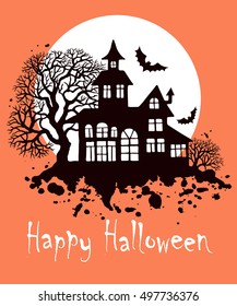 Happy Halloween vintage greeting card, vector illustration for design, invitation, banner, print. Silhouette of halloween house, full moon, trees and bats.