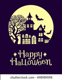 Happy Halloween vintage greeting card, vector illustration for design, invitation, banner, print. Silhouette of halloween house, full moon, trees and bats.