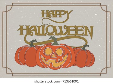 Happy Halloween. Vintage greeting card vector illustration with smiling jack o lantern pumpkin on old paper background with frame design.