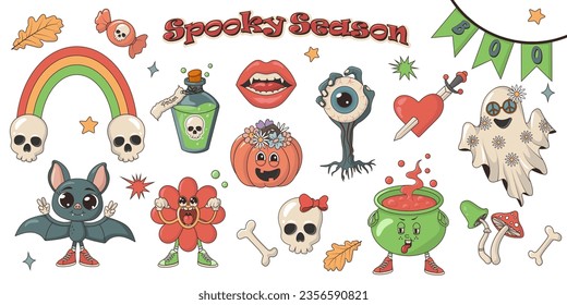 Happy Halloween vintage groovy set. Vector collection of funky psychedelic hippie 70s style mushrooms, pumpkin, rainbow, ghost, skull, potion, eye, flower, heart and bat.