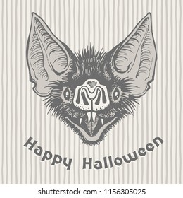 Happy Halloween vintage hand drawn greeting card. Scary vampire bat's head with open mouth and bared fangs ink drawing. Witchcraft, magic, witchery illustration. Striped background, uneven stripes.