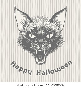Happy Halloween vintage hand drawn greeting card. Scary black cat's head with open mouth and bared fangs ink drawing. Grinning muzzle on striped background. Witchcraft, sorcery, magic illustration.