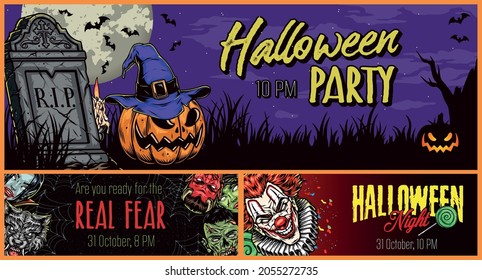 Happy Halloween vintage horizontal banners with spooky pumpkin in witch hat tombstone burning candle spiderweb scary vampire girl werewolf devil clown female and male zombie heads vector illustration