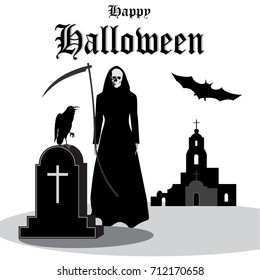 Happy halloween vintage inscription, gravestone with white cross, raven, death with a scythe, bat, abandoned church on a white background