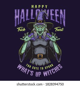 Happy Halloween vintage label with spooky witch in hat and cape isolated vector illustration