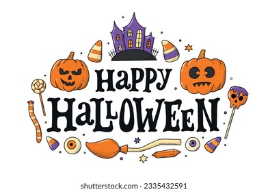 Happy Halloween vintage lettering quote decorated with doodles for prints, cards, posters, banners, invitations, labels, stickers, wallpapers, logos, etc. EPS 10