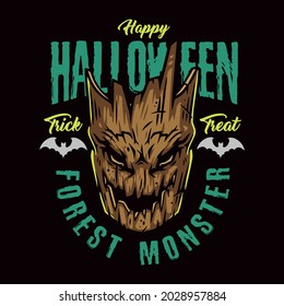 Happy Halloween vintage logo with dry monster tree head letterings and bats silhouettes isolated vector illustration
