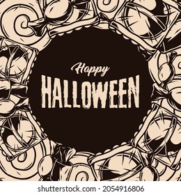 Happy Halloween vintage monochrome concept with lettering candies bonbons and lollipops vector illustration