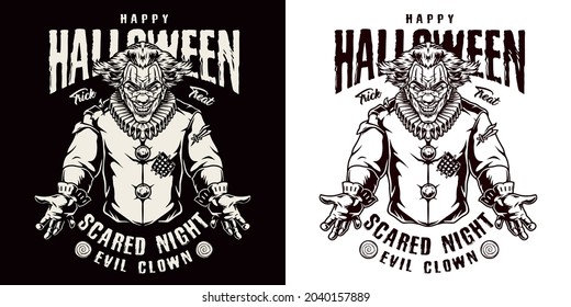 Happy Halloween vintage monochrome label with scary crazy clown candies and inscriptions isolated vector illustration