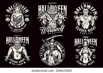 Happy Halloween vintage monochrome labels with spooky zombie grim reaper with scythe vampire girl clown ferocious werewolf corpse bride in wedding dress with dead flowers isolated vector illustration
