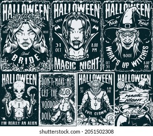 Happy Halloween vintage monochrome posters with spooky dead bride witch vampire girl heads voodoo doll scary clown candies alien with spacegun cauldron of magic potion vector illustration
