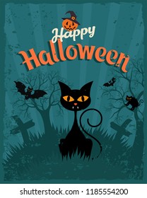 Happy Halloween vintage poster. Bat and spider, Cute pumpkin in a hat spooky scary smile and black cat on the night background of the cemetery. Vector illustration