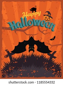 Happy Halloween vintage poster. Bat and spider, Cute pumpkin in a hat spooky scary smile and black cat on the night background of the cemetery. Vector illustration