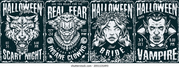 Afiches de la época de Halloween felices en estilo monocromo con espeluznante muerte de novia vampiro hombre lobo enojado y malvado payaso ilustración vectorial