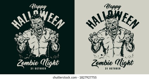 Happy Halloween vintage print with inscriptions and spooky zombie isolated vector illustration