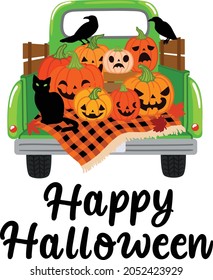 Happy Halloween vintage truck with jack-o-lanterns vector illustration