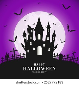 Fondo violeta de Halloween feliz. Murciélago, lápida, castillo, luna, tumba, cruz. Ilustración vectorial