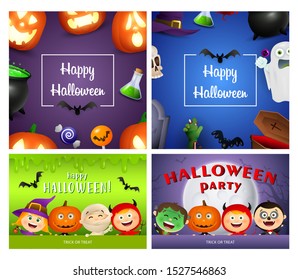 Happy Halloween violet, blue banner set with monsters, pumpkins. Halloween, October, trick or treat. Lettering can be used for greeting cards, invitations, announcements