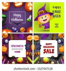 Happy Halloween violet, green banner set with witch, candies. Halloween, October, trick or treat. Lettering can be used for greeting cards, invitations, announcements
