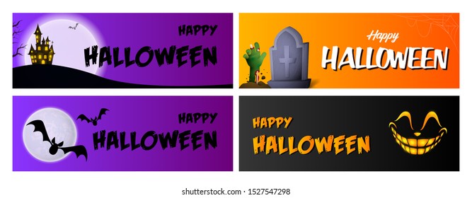 Happy Halloween violet, orange, black banner set with castle. Halloween, October, trick or treat. Lettering can be used for greeting cards, invitations, announcements