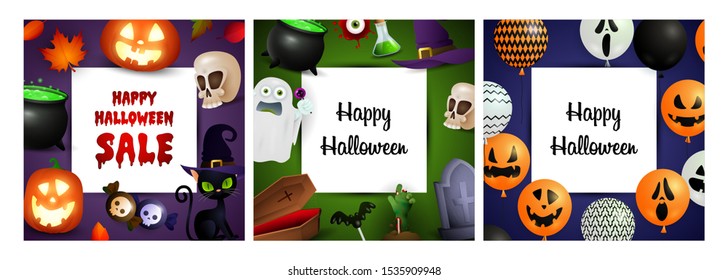 Happy Halloween violet, orange, blue banner set with skulls. Bat, pumpkin, pot. Lettering can be used for greeting cards, invitations, announcements