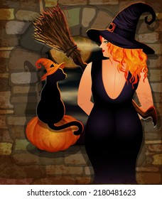 Happy Halloween vip card with black cat, pumpkin and witch. vector illustration	