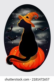 Happy Halloween vip card. black cat in witch hat, vector illustration	