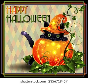 Happy Halloween vip card, black cat and pumpkin, vector illustration	
