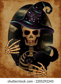 Happy Halloween vip card, cute skeleton with black cat and spider, vector illustration	