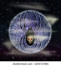 Happy Halloween vip card, full moon and spider, vector illustration