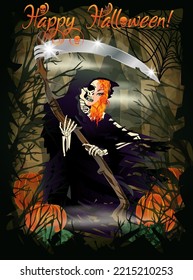 Happy Halloween vip card. Redhair Lady Grim Reaper, vector illustration