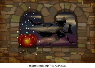 Happy Halloween vip card with witch magic pumpkin. vector illustration