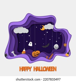 Happy halloween visual made in paper cut in the middle style in violet colour stars, clouds, skull, bone, pumpkin, candy, bat and broom can use for print invitation and social media post