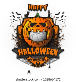 Happy Halloween. Volleyball ball inside frightening pumpkin. Cats, bats, spiders, trees, crosses. Design template for banner, poster, greeting card, flyer, party invitation. Vector illustration
