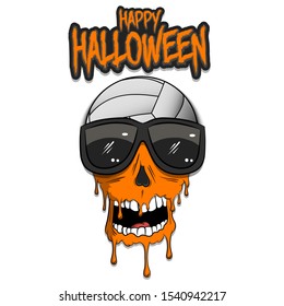 Happy Halloween. Volleyball ball with skull in sunglasses with paint. Graffiti illustration of volleyball ball with skull on isolated background. Skull art image. Vector illustration
