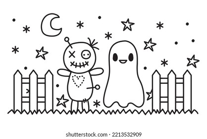 Happy Halloween voodoo doll and ghost vector illustration